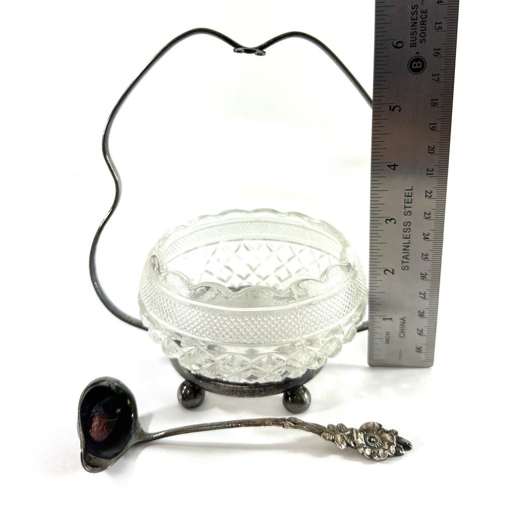 Vintage Reed & Barton Silverplate Sugar Bowl Condiment Set Glass Bowl w/ Ladle - Picture 4 of 9